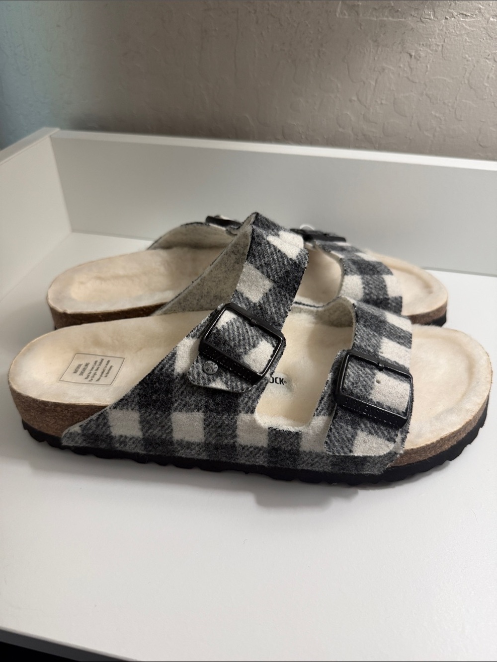 Birkenstock Women's Plaid Black and White Arizona Shearling Lined Sandals